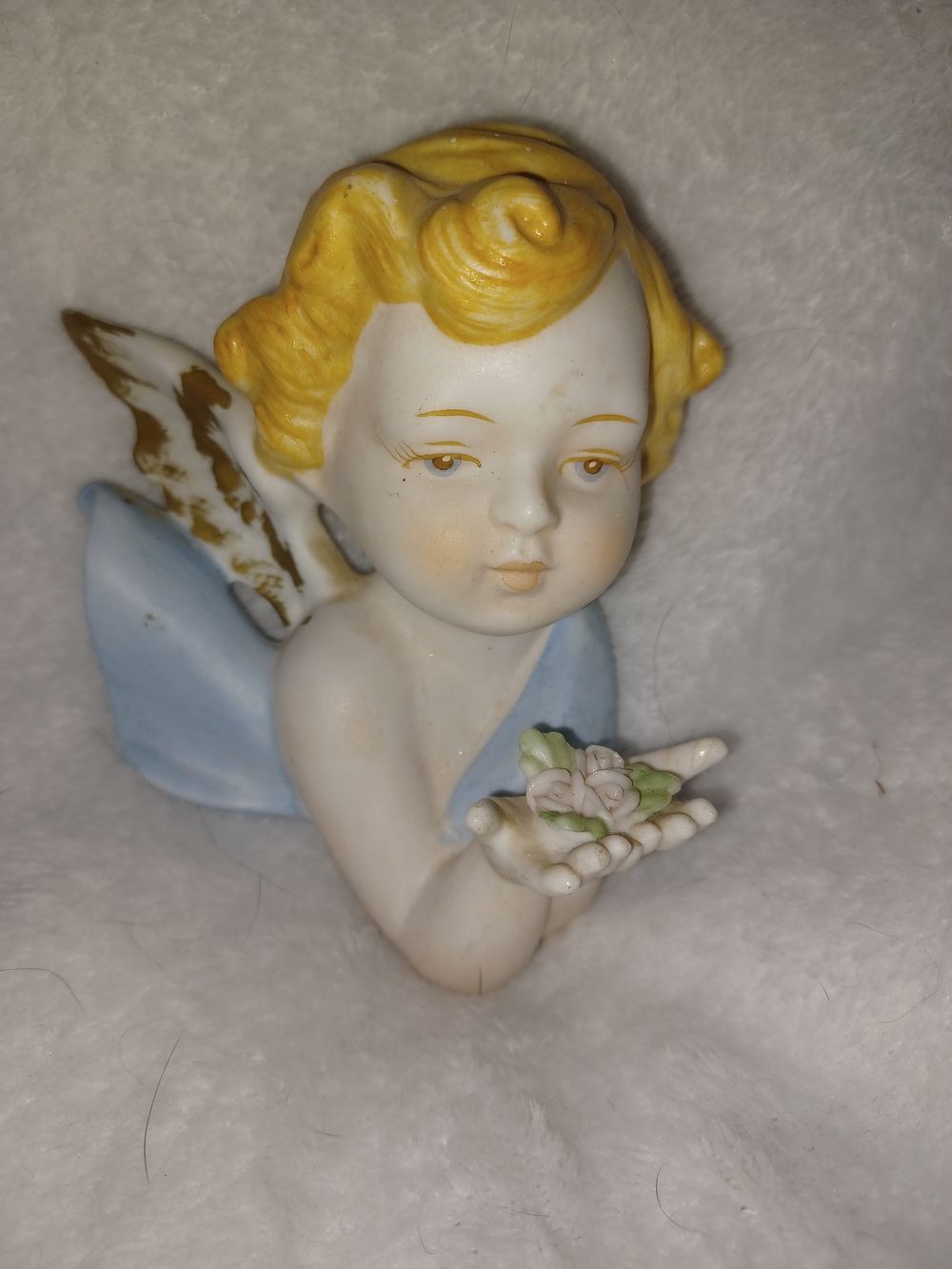 Vintage Porcelain Cherub Figurine in Pastel Blue and Gold